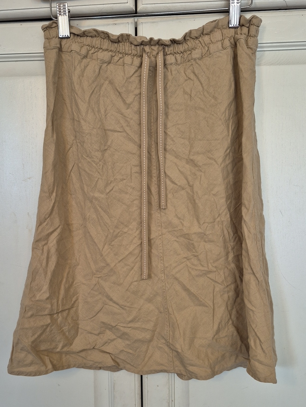 Women's Tan Linen Blend Drawstring Paperbag Waist Skirt
